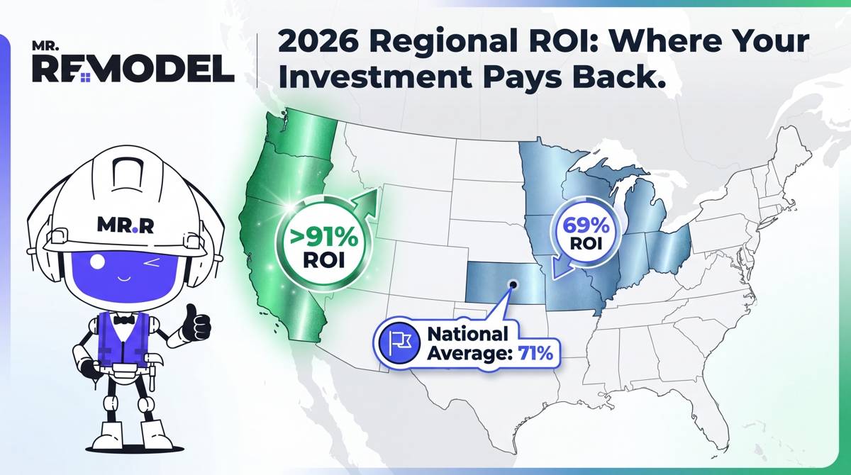 A regional ROI map showing the disparity in bathroom remodel cost recovery between the Pacific and Midwest regions in 2026.